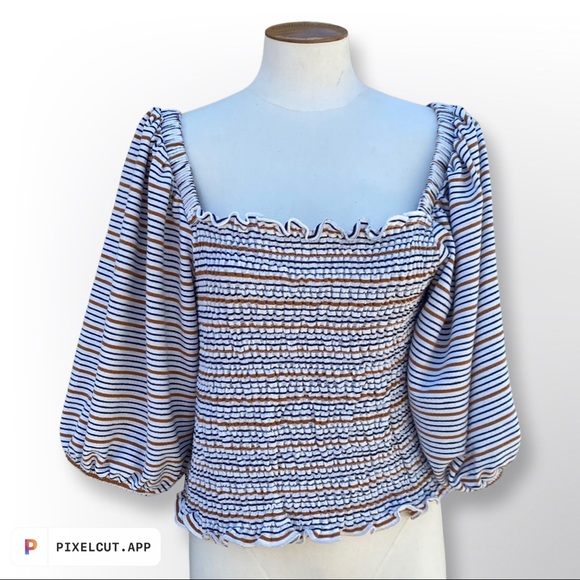 Striped Smocked Drape Sleeve Top L - Picture 4 of 6